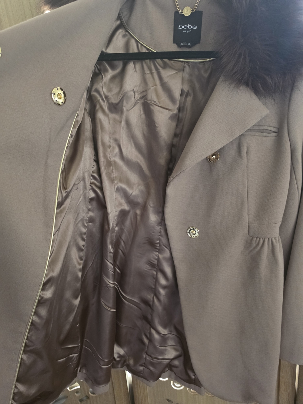 bebe Taupe Wool-Blend Coat with Removable Faux Fur Collar - Picture 4 of 7